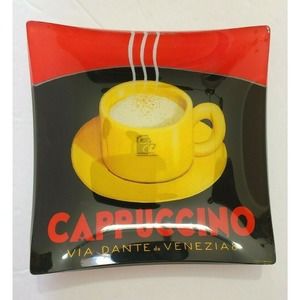 Art Glass Dish Cappuccino Graffic 5" Square Curved Red Black Gold Prima Dona